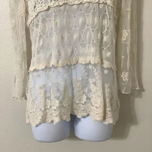 Cream Sheer Lace Crochet Fairycore Fairy Bohemian Hippie Boho Lagenlook Top M - Picture 3 of 7